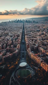 Sunlit avenue divides dense city grid toward skyline