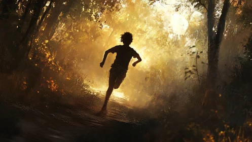 Silhouette sprinting toward blazing forest sunrise glow.