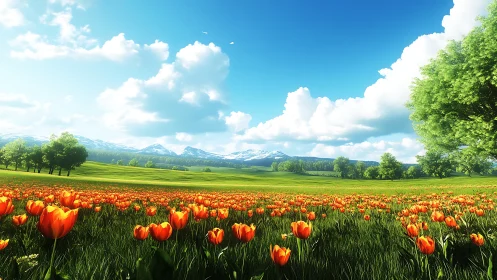Orange tulip meadow stretches toward distant snowy mountains