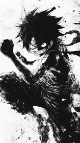 Monochrome ink anime fighter in dynamic combat stance.