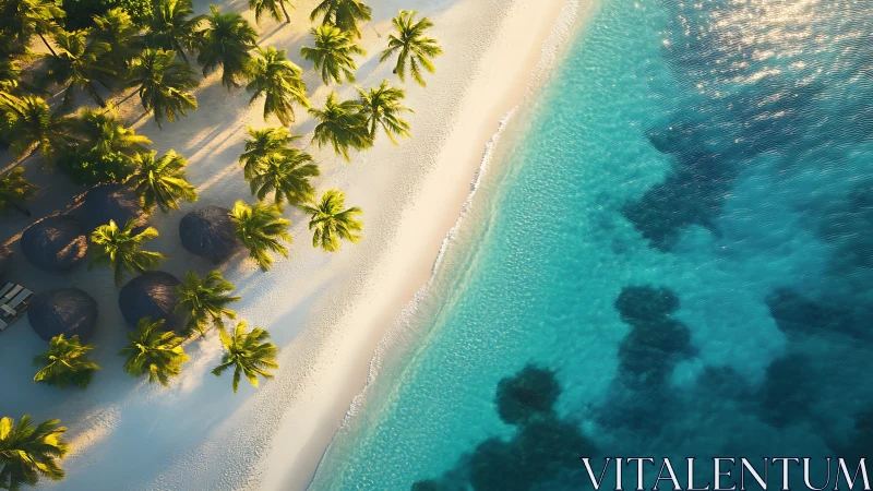 Tropical Atoll Aerial Composition: Palmate Vegetation and Shallow Turquoise Waters.