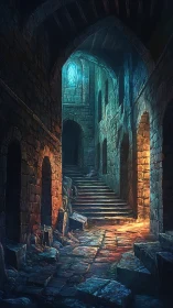 Mystic stone corridor with stairway and glowing light shafts.