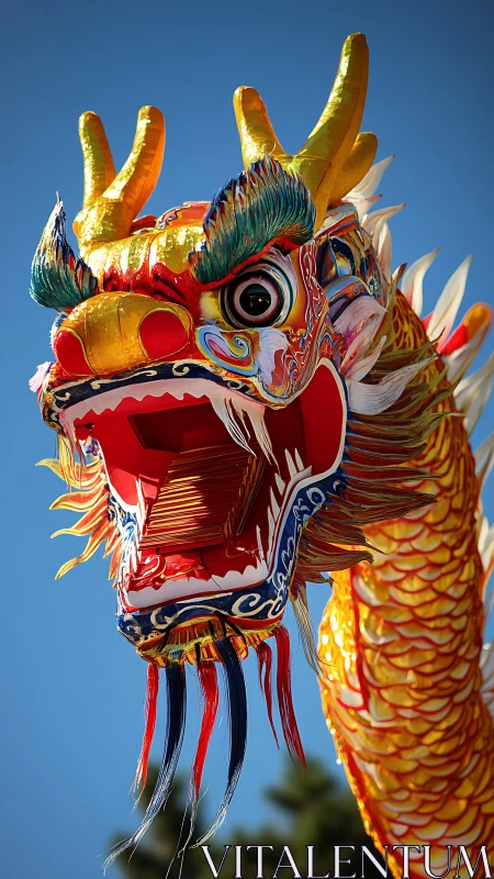 Vibrant festival dragon head against clear blue sky detail.