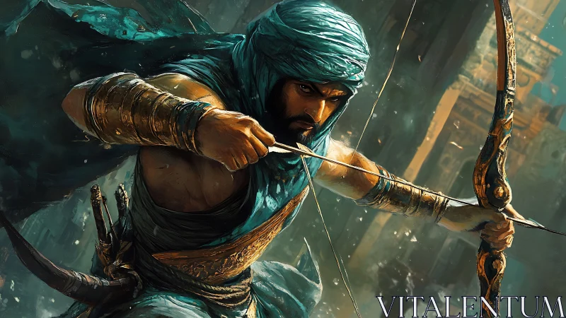 Desert archer lunges through splintered light and stormed sand.