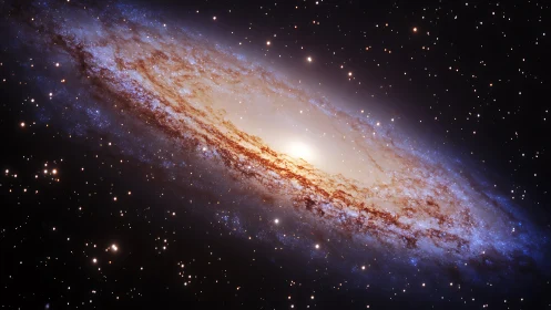Edge-on spiral galaxy glows with dense starfield halo.