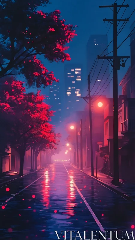 Nocturnal wet street renders neon-lit fog and reflective asphalt