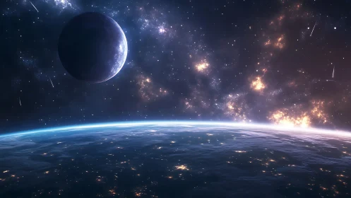 Digital painting of planetary horizon under nebular starlit void.