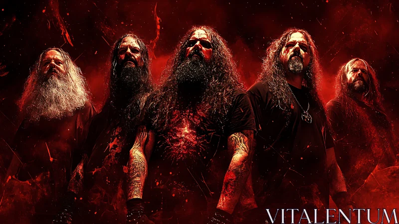 Metal band united in fiery red light and raw energy.
