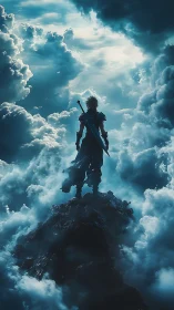 Backlit swordsman silhouette on jagged peak above storm clouds