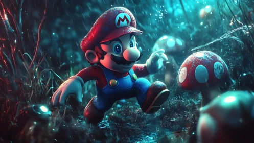 Mario dashes through a glowing mushroom forest in rainstorm.