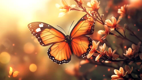 Gentle orange butterfly resting among dreamy blossoms.