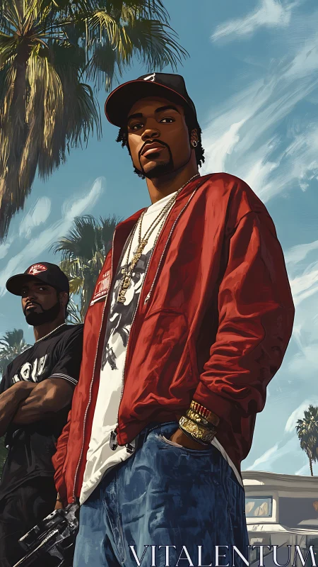 Streetwear duo stand under palm trees in urban sunlight