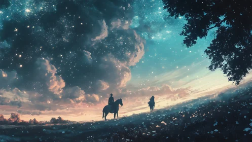 Stargazing riders beneath a dreamy endless twilight sky.