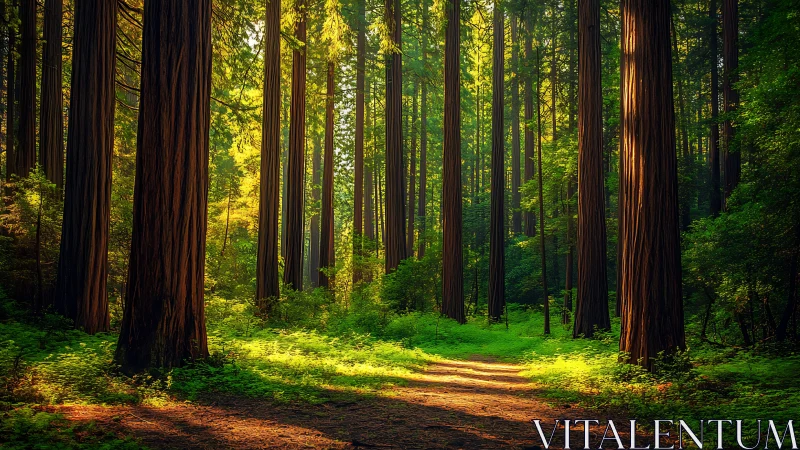 Sunlit Redwood Forest Pathway in a Tranquil Natural Setting.