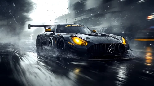 Rain-soaked GT3 race car powers through night circuit spray