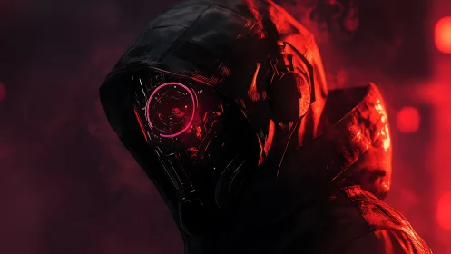 Cybernetic hooded assassin under neon red haze glow.