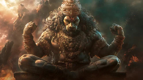 Mythic leonine deity in ornate armor amid molten skies.