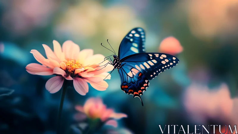 Blue butterfly resting on soft pink flower in garden.