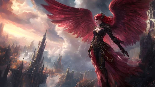 Crimson winged guardian watching over a stormlit fantasy city.