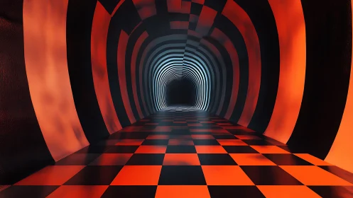 Checkered tunnel bends light into a glowing geometric vortex