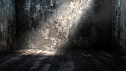 Light enters a deteriorated interior corner with wooden floor