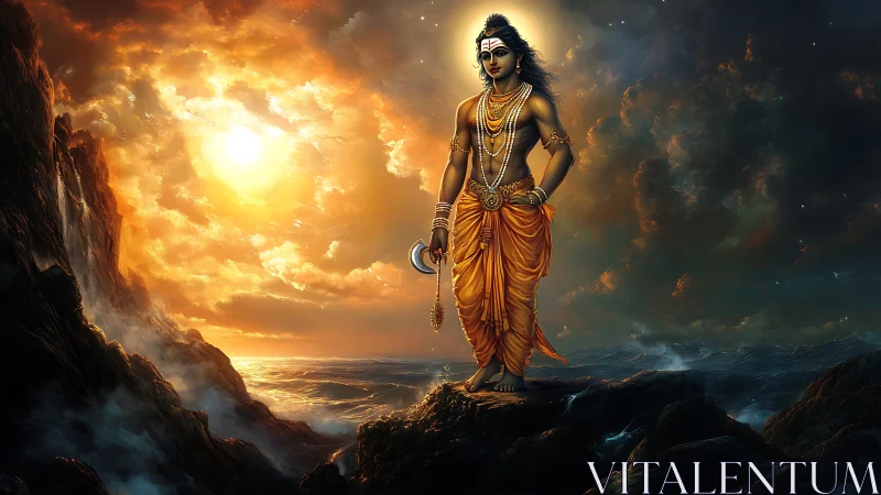 Mythic figure stands on rocky shore against luminous sky