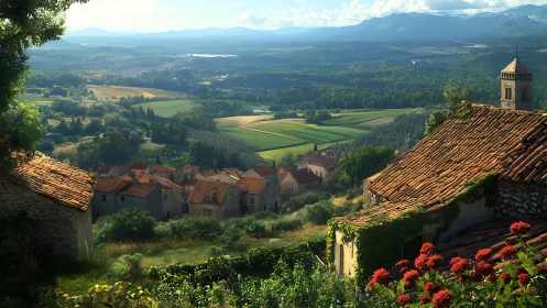 Sunlit hillside village above patchwork rural valley view.