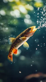 Golden trout arcs upward through bokeh-lit aquatic bubbles.