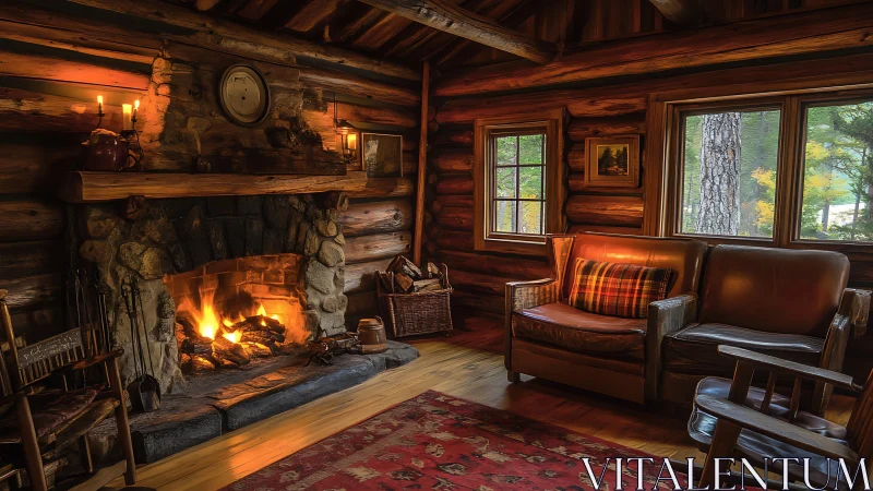 Log cabin living room with stone fireplace and warm fire.