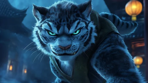 Fierce blue eyed tiger warrior prowls through lantern lit night