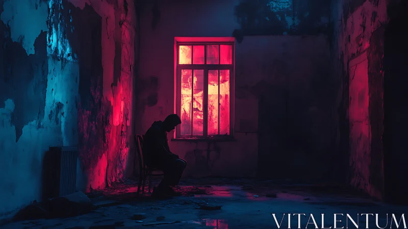 Solitary figure in neon-lit derelict room with window glow