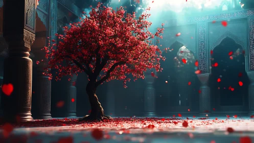 Sacred courtyard tree under volumetric teal light bloom.
