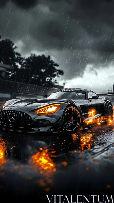 Mercedes race car in rain with glowing track sparks.