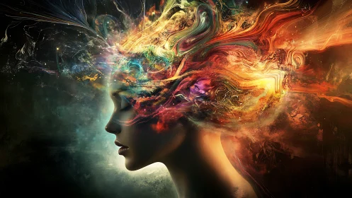 Mindfire nebula streams from a dreaming silhouette in profile