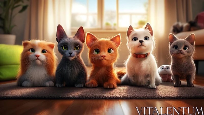 Five Digitally Rendered Cats Seated on Floor.