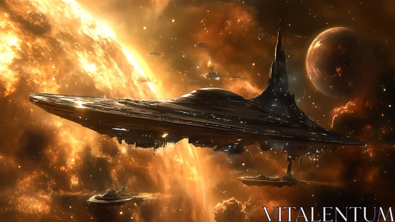 Colossal starship fortress glides through blazing nebula skies.