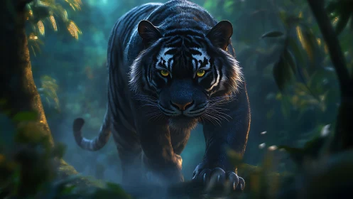 Midnight tiger padding softly through misty jungle light.
