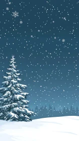 Digital winter landscape with snowfall and conifer silhouette.