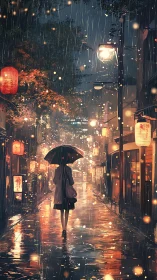 Solitary figure with umbrella on lantern lit rainy street.