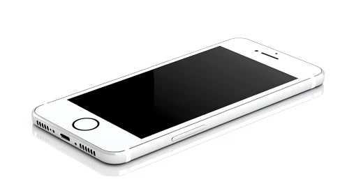 White iPhone 5s smartphone with black screen.