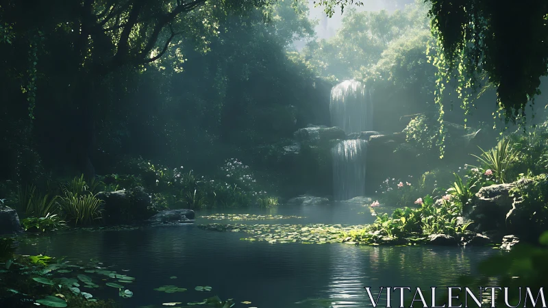 Lush forest pond with layered waterfall in soft light.