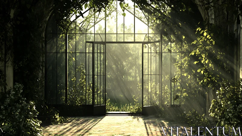 Glasshouse entrance with dense foliage and morning light.