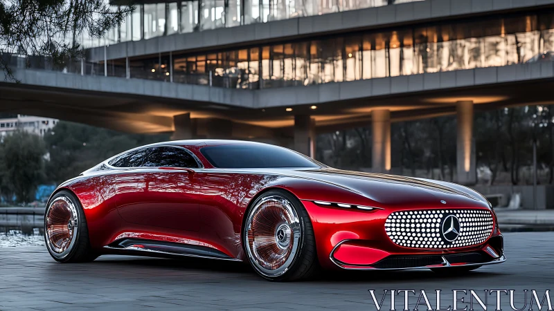Striking red concept car glides confidently through the city