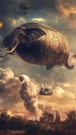 Gentle sky elephant carries a dreamy airship through dusk