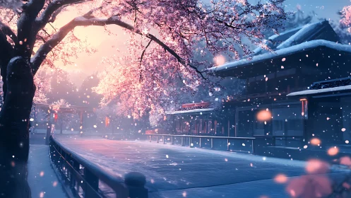 Snowy cherry blossoms glow above a tranquil Japanese street