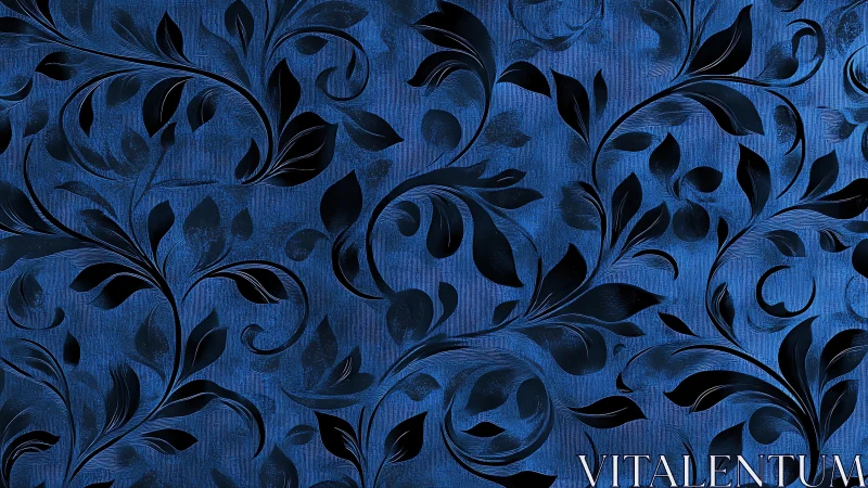 Black floral foliage pattern on textured deep blue background.