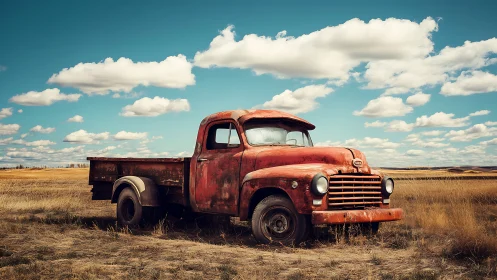 Rusty red vintage pickup truck rests in open prairie field
