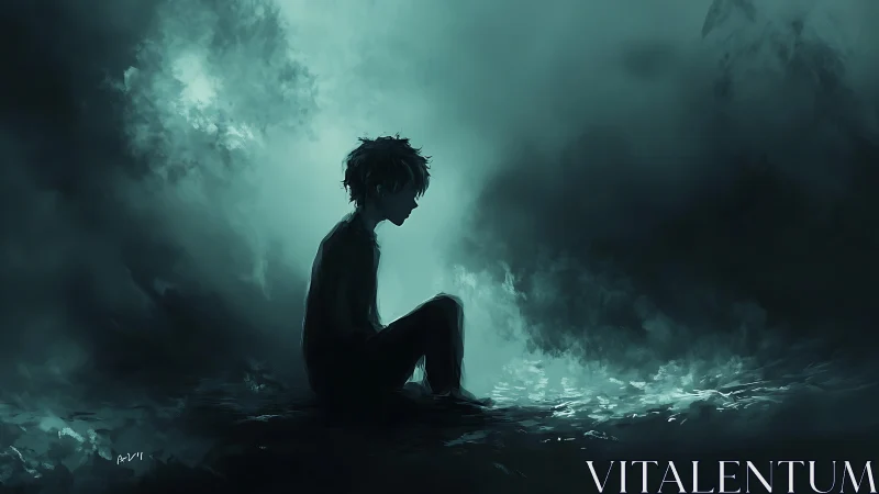 Silhouetted figure sits in foggy, teal-toned environment