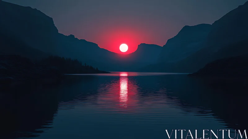 Crimson sun sets over still mountain lake at twilight