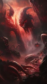 Demonic biomechanical landscape fills vertical infernal scene